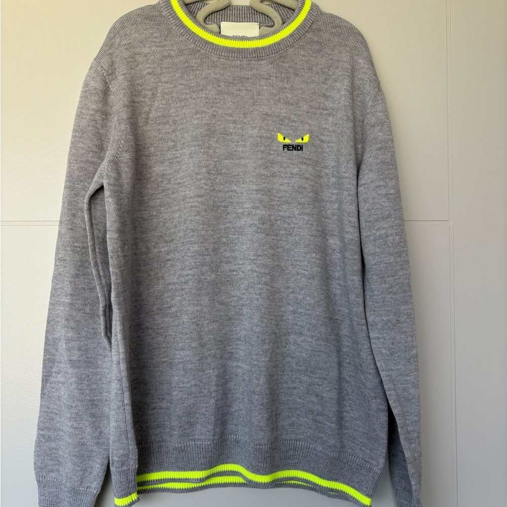 Fendi Gray and Yellow Crewneck Sweater with Neon Trim